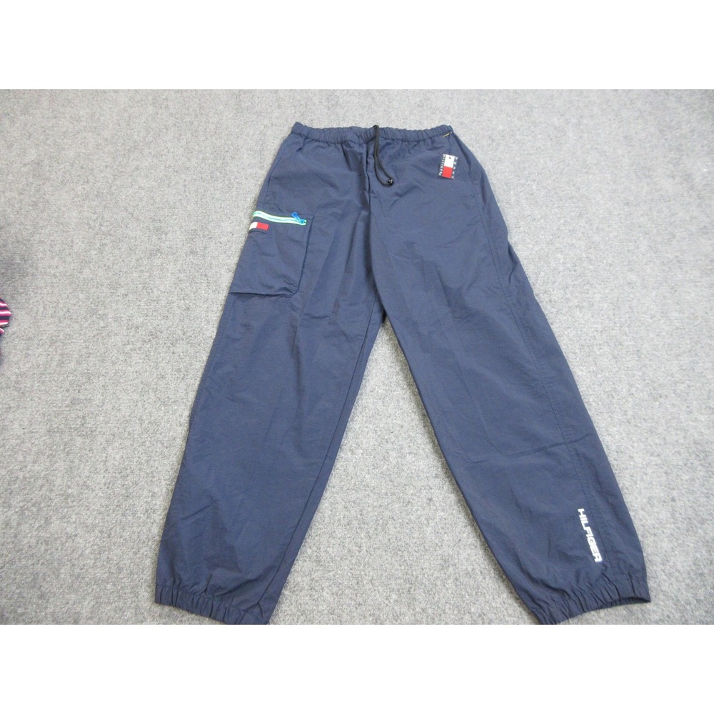 VTG Tommy Hilfiger Track Pants Mens Medium 33x30 Blue Nylon Elastic Waist Cargo